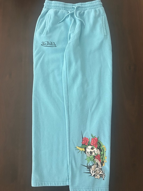 Von Dutch Pants - Y2K Von Dutch Skull Rise Graphic Light Blue Streetwear Baggy Sweatpants Size S